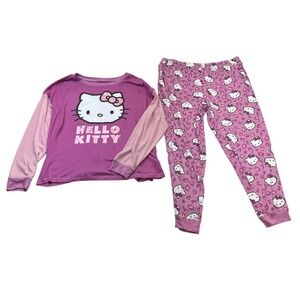 Hello Kitty Pajama Set Women XL Purple Pink Leopard Print Long Sleeve Jogger